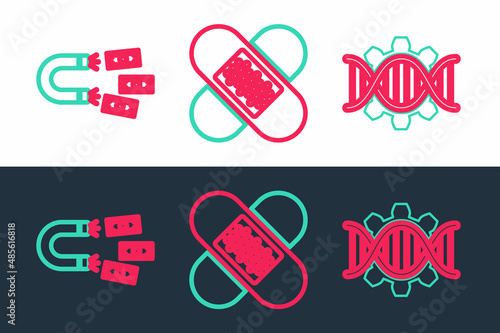 Set line Genetic engineering, Magnet with money and Crossed bandage plaster icon. Vector
