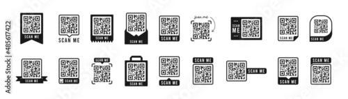 Qr code set. Template of frames for QR code with text - scan me. Quick Response codes for smartphone, mobile app, payment and discounts. Vector illustration. photo