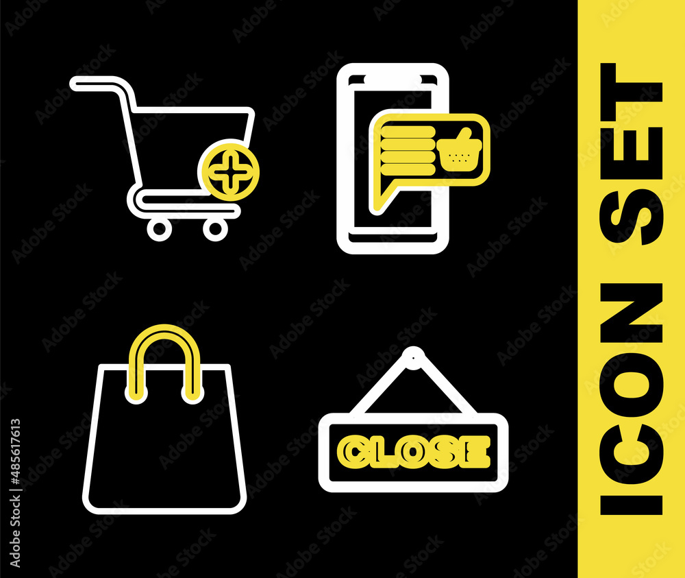 Set line Mobile and shopping basket, Hanging sign with Close, Handbag and Add to Shopping cart icon. Vector Set line Mobile and shopping basket, Hanging sign with Close, Handbag and Add to Shopping cart icon. Vector