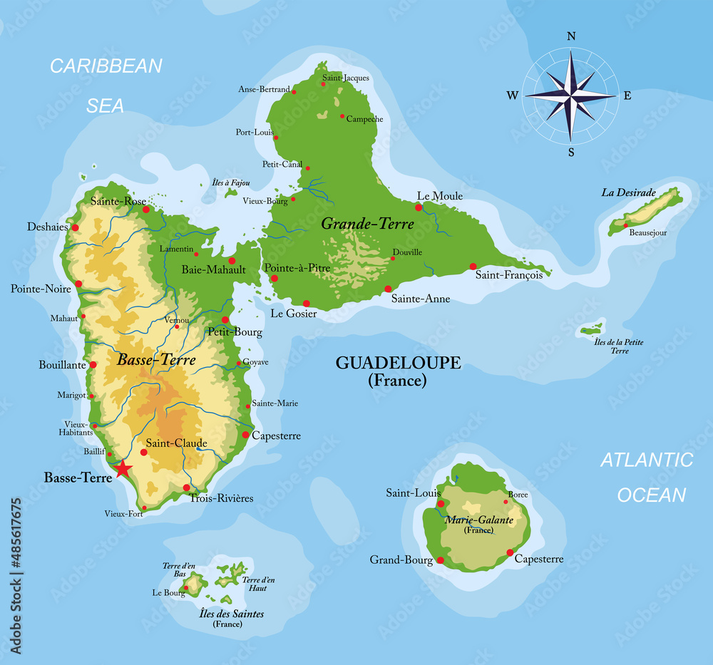 Guadeloupe islands highly detailed physical map Stock Vector Adobe Stock