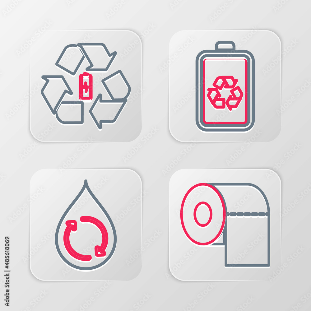Set line Toilet paper roll, Recycle clean aqua, Battery with recycle and icon. Vector Set line Toilet paper roll, Recycle clean aqua, Battery with recycle and icon. Vector