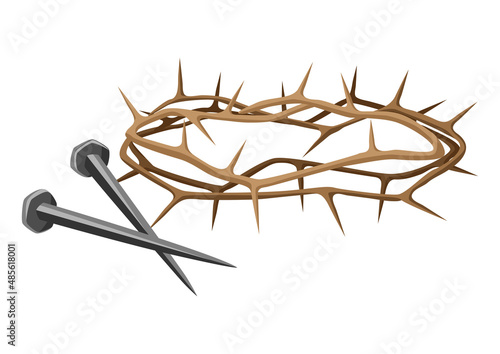 Christian illustration of crown of thorns and iron nails. Happy Easter image.