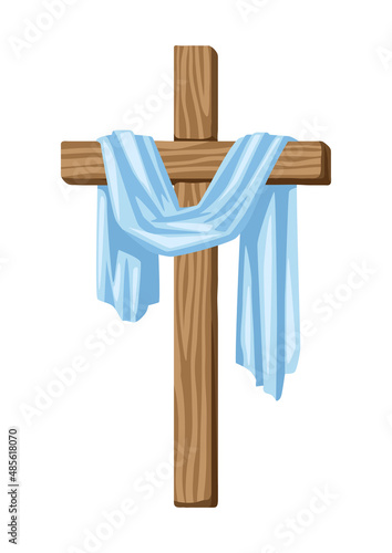 Christian illustration of wooden cross and shroud. Happy Easter image.
