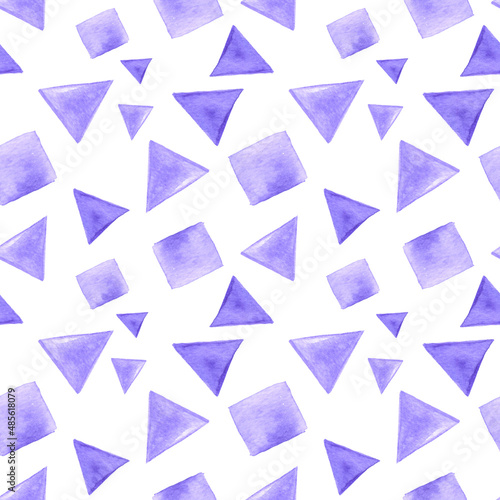 Watercolor drawing Triangles and squares Hand drawn Seamless pattern Purple