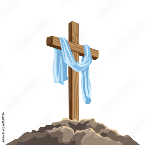 Christian illustration of wooden cross and shroud. Happy Easter image.