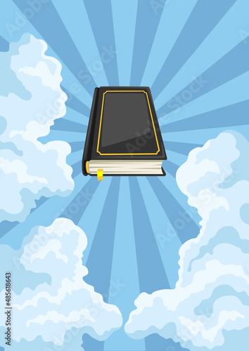 Christian illustration of sky with clouds and holy bible. Happy Easter image.