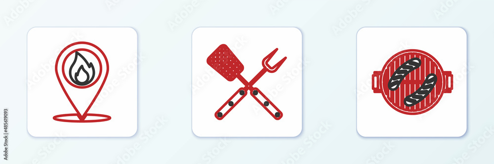 Set line Barbecue grill with sausage, Location fire flame and Crossed fork and spatula icon. Vector Set line Barbecue grill with sausage, Location fire flame and Crossed fork and spatula icon. Vector