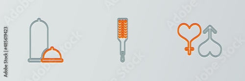 Set line Male and female heart, Condoms safe sex and Spanking paddle icon. Vector