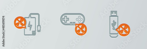 Set line USB flash drive service, Power bank and Gamepad icon. Vector