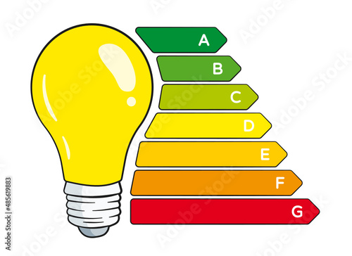 Light bulb with energy efficiency classes. European Union energy label. Vector. Cartoon