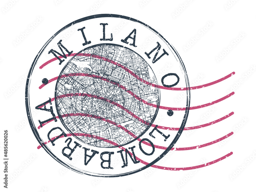 Fototapeta premium Milan, Metropolitan City of Milan, Italy Stamp Map Postal. Silhouette Seal Roads and Streets. Passport Round Design. Vector Icon. Design Retro Travel National Symbol.