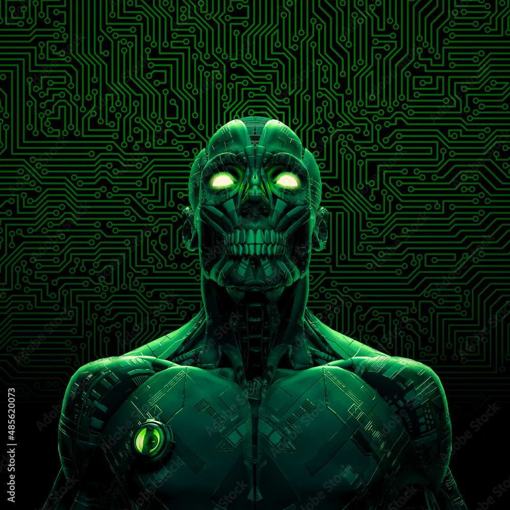 Zombie cyborg artificial intelligence - 3D illustration of dark green ...