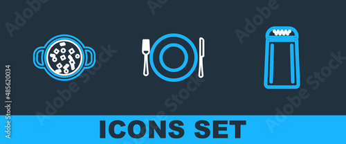 Set line Salt and pepper, Cooking soup in pot and Plate, fork knife icon. Vector