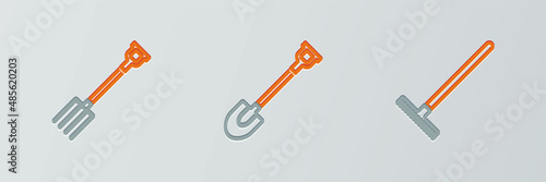 Set line Garden rake, pitchfork and shovel icon. Vector