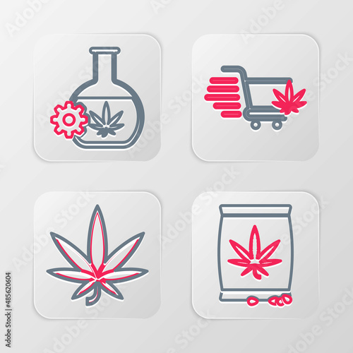 Set line Marijuana or cannabis seeds, leaf, Shopping cart with marijuana and Test tube icon. Vector