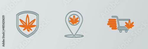 Set line Shopping cart with marijuana, Shield and and Location icon. Vector