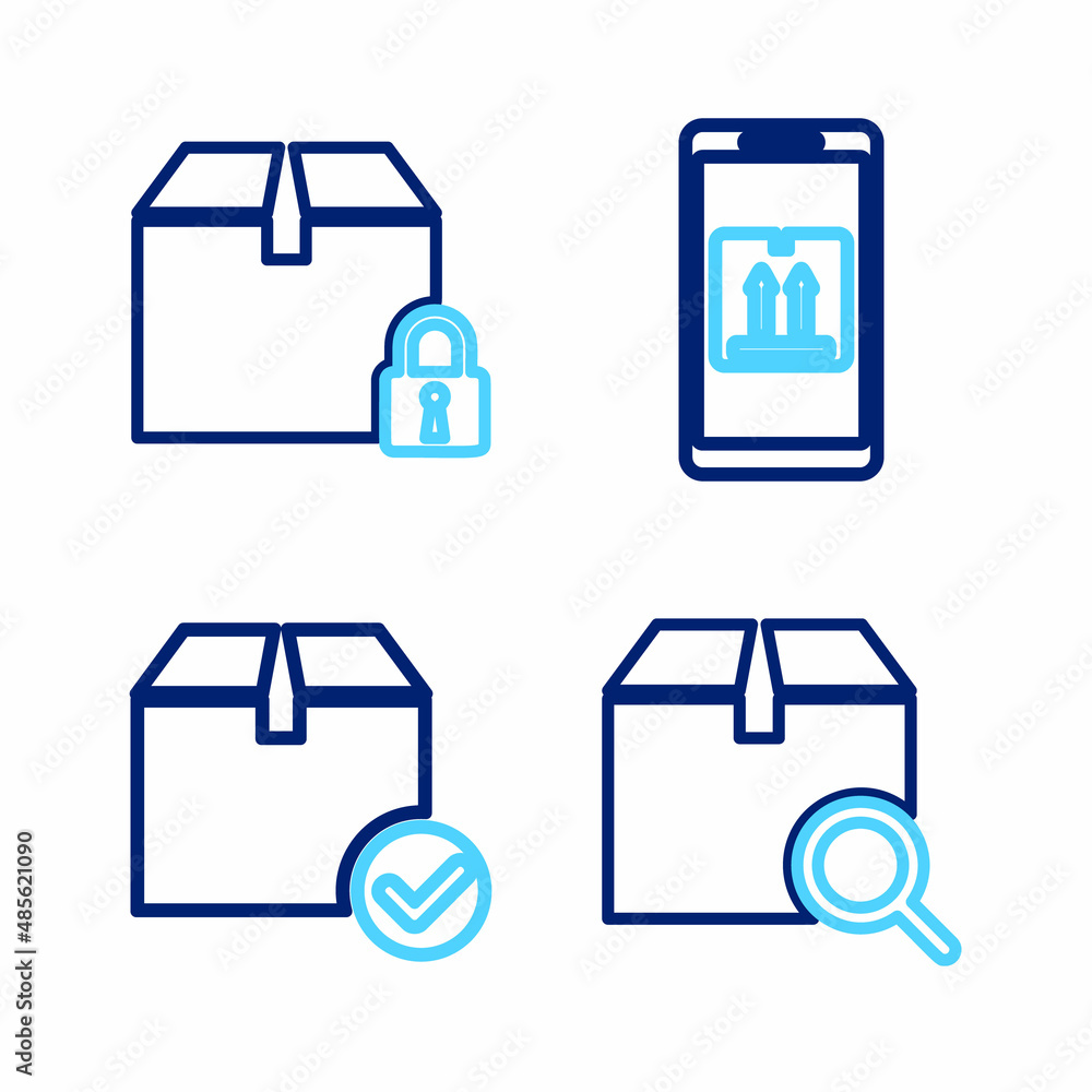 Set line Search package, Package box with check mark, Mobile app tracking and Locked icon. Vector Set line Search package, Package box with check mark, Mobile app tracking and Locked icon. Vector