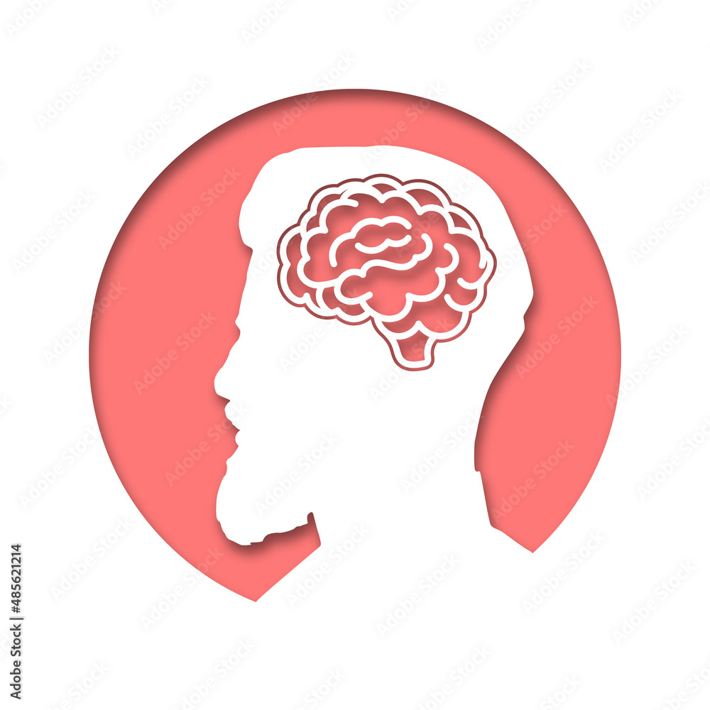The head of a man is in a circle. Paper cut style icon with shadow. Medical concept icon of diseases of the brain, psychological disorder. Vector illustration The head of a man is in a circle. Paper cut style icon with shadow. Medical concept icon of diseases of the brain, psychological disorder. Vector illustration