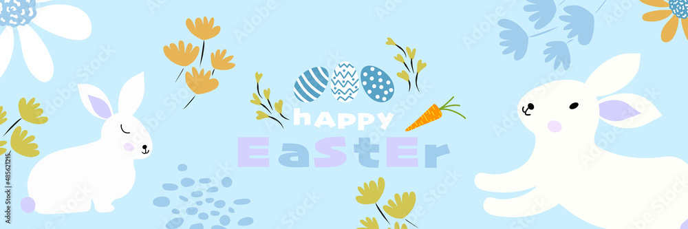 Obraz premium Happy Easter banner, poster background graphic design, decoration with bunnies, Easter eggs and flowers