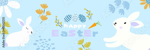 Happy Easter banner  poster background graphic design  decoration with bunnies  Easter eggs and flowers