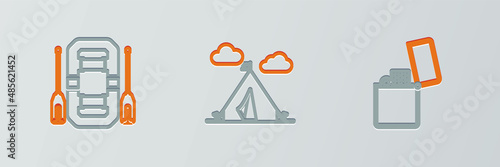 Set line Lighter, Rafting boat and Tourist tent with flag icon. Vector
