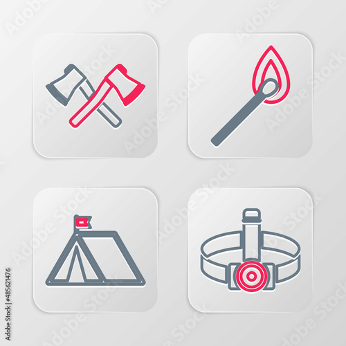 Set line Head flashlight, Tourist tent with flag, Burning match fire and Crossed wooden axe icon. Vector