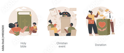 Church gathering abstract concept vector illustration set. Holy bible, christian event, donation fund, word of God, religious media, holy days calendar, sunday mass, charity abstract metaphor.
