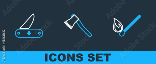 Set line Burning match with fire, Swiss army knife and Wooden axe icon. Vector