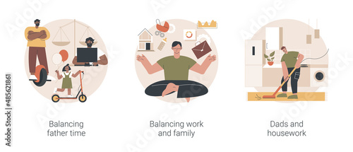 Happy family abstract concept vector illustration set. Balancing father time, work and family balance, dads and housework, time together, chores at home, time management abstract metaphor.
