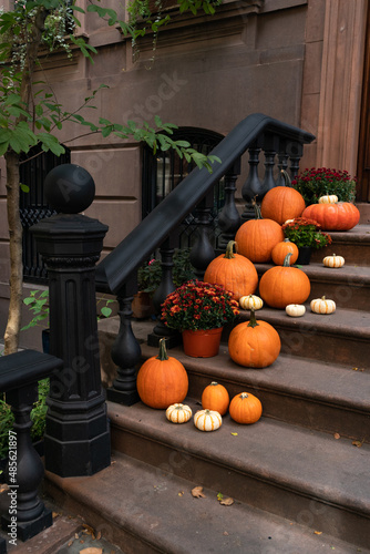 Photography New York City Brownstone Home Decorated with Pumpkins on the Stairs during Autum