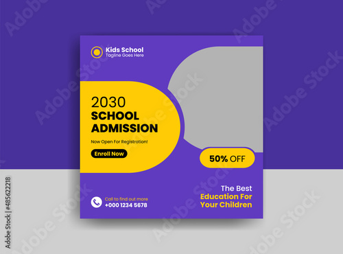 School admission square banner. Back to school get admission promotion social media post banner template. School admission Editable minimal square banner template.