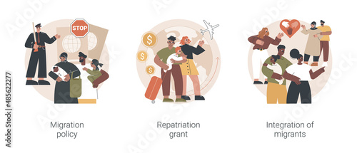 Peoples resettling abstract concept vector illustration set. Migration policy, repatriation grant, integration of migrants, visa application form, border patrols control, job offer abstract metaphor. photo