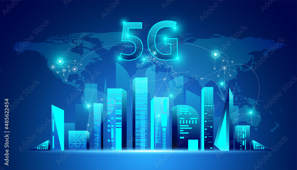 Abstract 5G hologram network wireless internet Wi-fi connection and internet of things on city background Smart city and communication network concept .