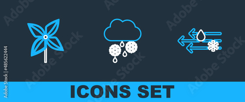 Set line Wind and rain with snow, Pinwheel and Cloud icon. Vector