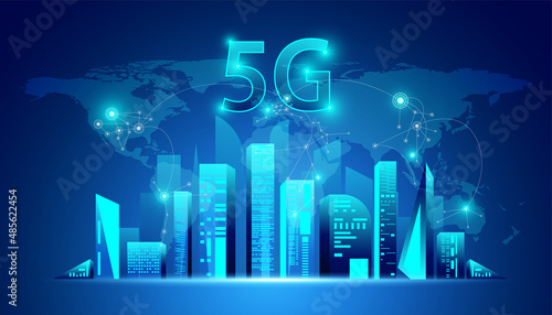 Abstract 5G hologram network wireless internet Wi-fi connection and internet of things on city background Smart city and communication network concept .