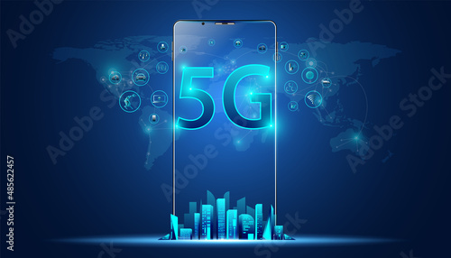 Abstract 5G holographic network wireless internet Wi-fi connection and internet of things on city background.Mobile Phone Connected To 5G Network