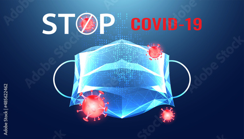 Abstract New Coronavirus Omicron SARS-CoV-2 virus outbreak concept Mask Stop covid on blue the background
