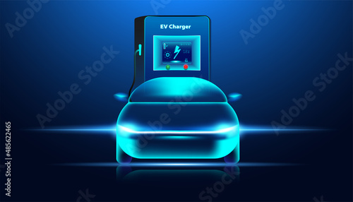 Abstract ev charger station electric cars In the illustration, electric cars are powered by electric energy. Future energy.on blue background