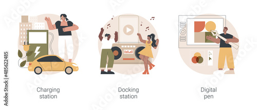 Electronic device use and charge abstract concept vector illustration set. Charging station, docking station, digital pen, electrical outlet, battery capacity, play music, connect abstract metaphor.