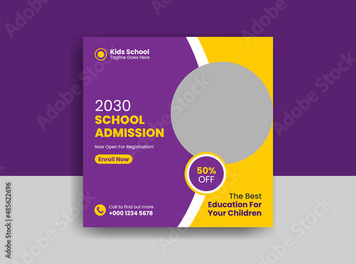 School admission square banner. Back to school get admission promotion social media post banner template. School admission Editable minimal square banner template.