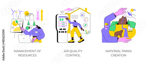 Environmental control abstract concept vector illustration set. Management of resources, air quality control, national parks creation, renewable energy, pollution prevention abstract metaphor.