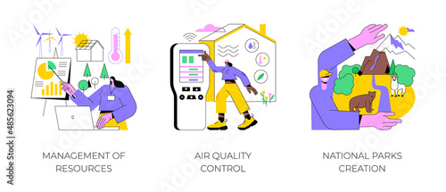 Environmental control abstract concept vector illustration set. Management of resources, air quality control, national parks creation, renewable energy, pollution prevention abstract metaphor. © Vector Juice