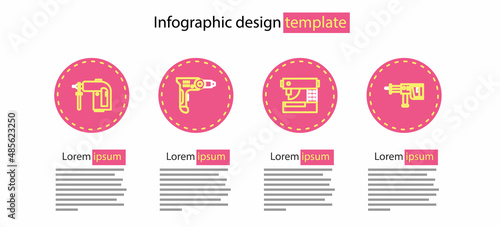 Set line Sewing machine, Rotary hammer drill, Electric and icon. Vector