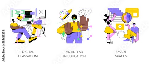 Interactive learning abstract concept vector illustration set. Digital classroom, VR and AR in education, smart spaces, blended learning, virtual reality, technology in education abstract metaphor.