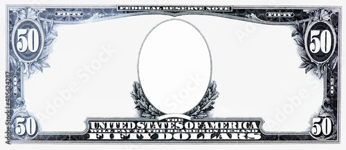 Clear 50 Dollar Banknote pattern, Fifty dollar border with empty middle area, U.S. 50 highly detailed dollar banknote. on a white background. photo