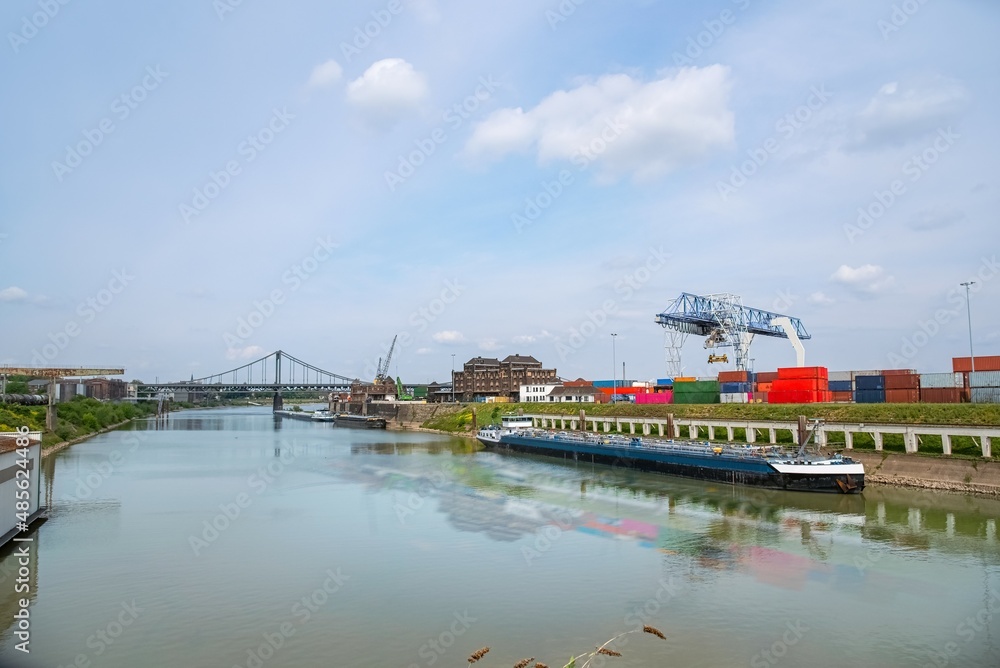 Cargo ship in port, river transport