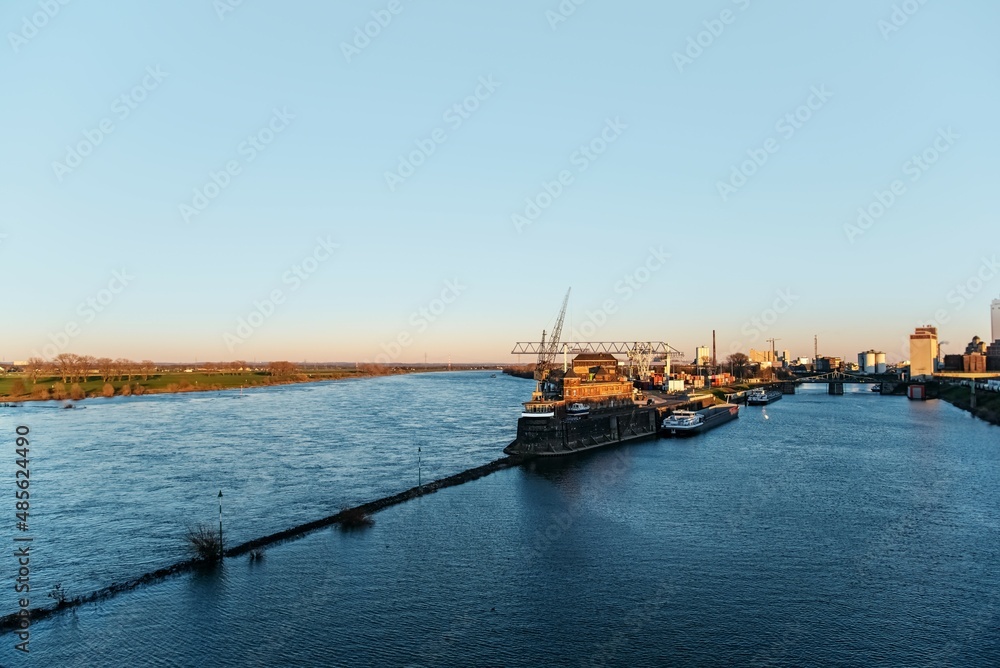 Cargo ship in port, river transport