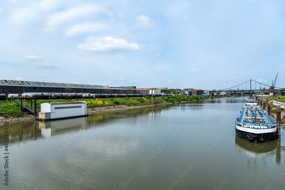Cargo ship in port, river transport