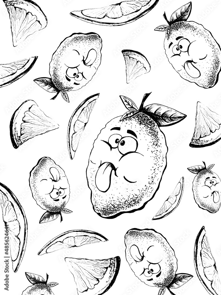 Hand drawn set of hand drawn illustrations 
 of lemons with eyes and tongue sticking out.