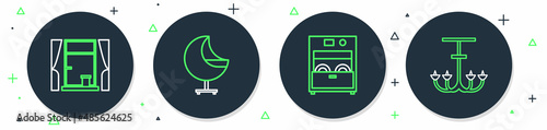 Set line Armchair, Kitchen dishwasher machine, Window with curtains and Chandelier icon. Vector